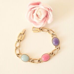 Vintage Givenchy bracelet, Gold tone, Lucite cabochons, Pink purple blue